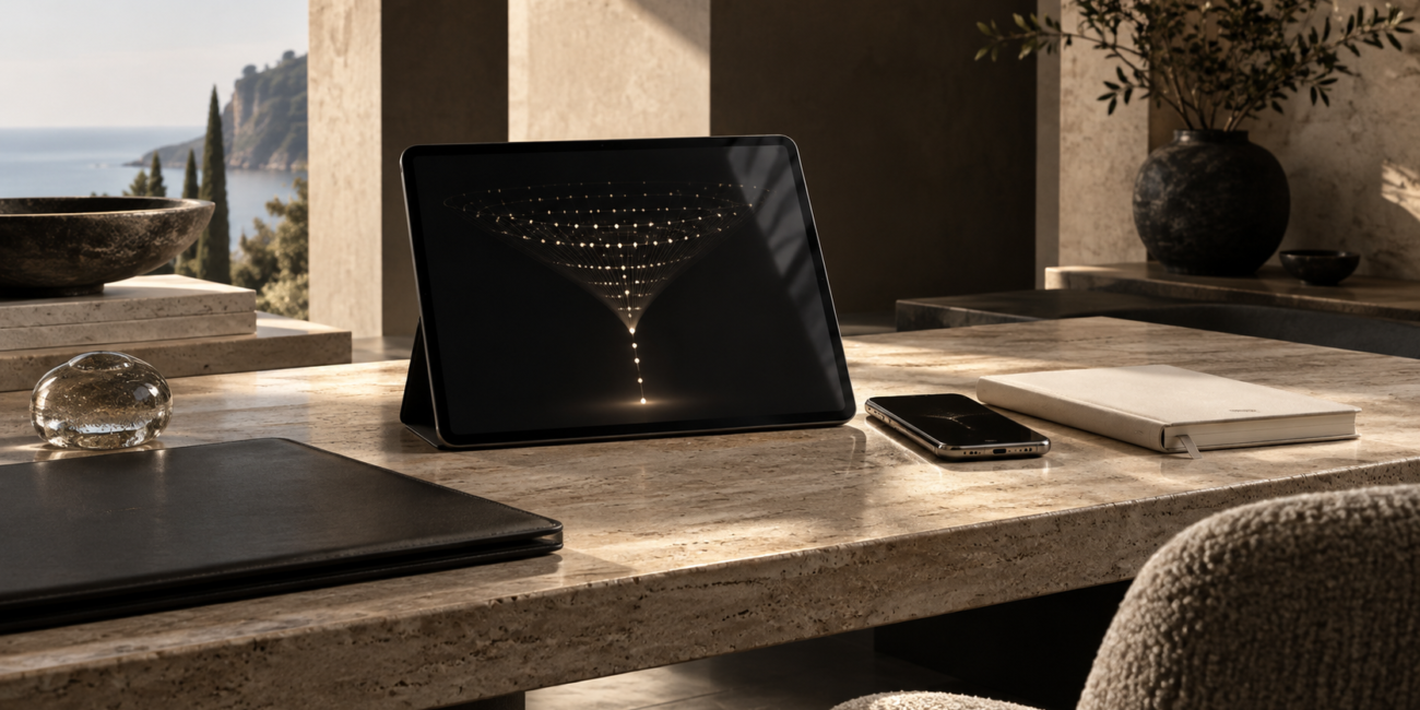Tableta con una visualización abstracta en forma de embudo sobre un escritorio de travertino.