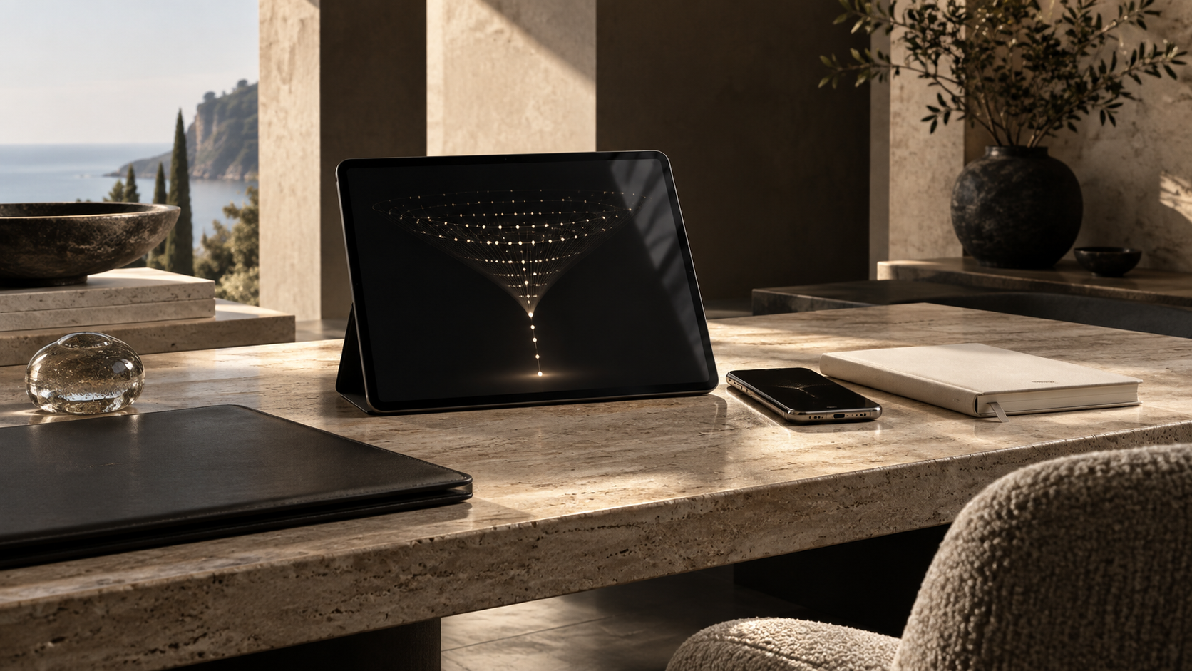 Tableta con una visualización abstracta en forma de embudo sobre un escritorio de travertino.