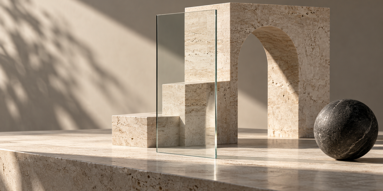 Composición conceptual de un arco de travertino, bloques de piedra, un panel de vidrio y una esfera negra.