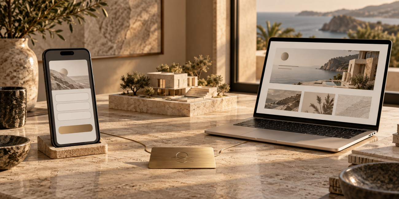 Teléfono y laptop representan dos rutas de captación para una residencia de lujo.