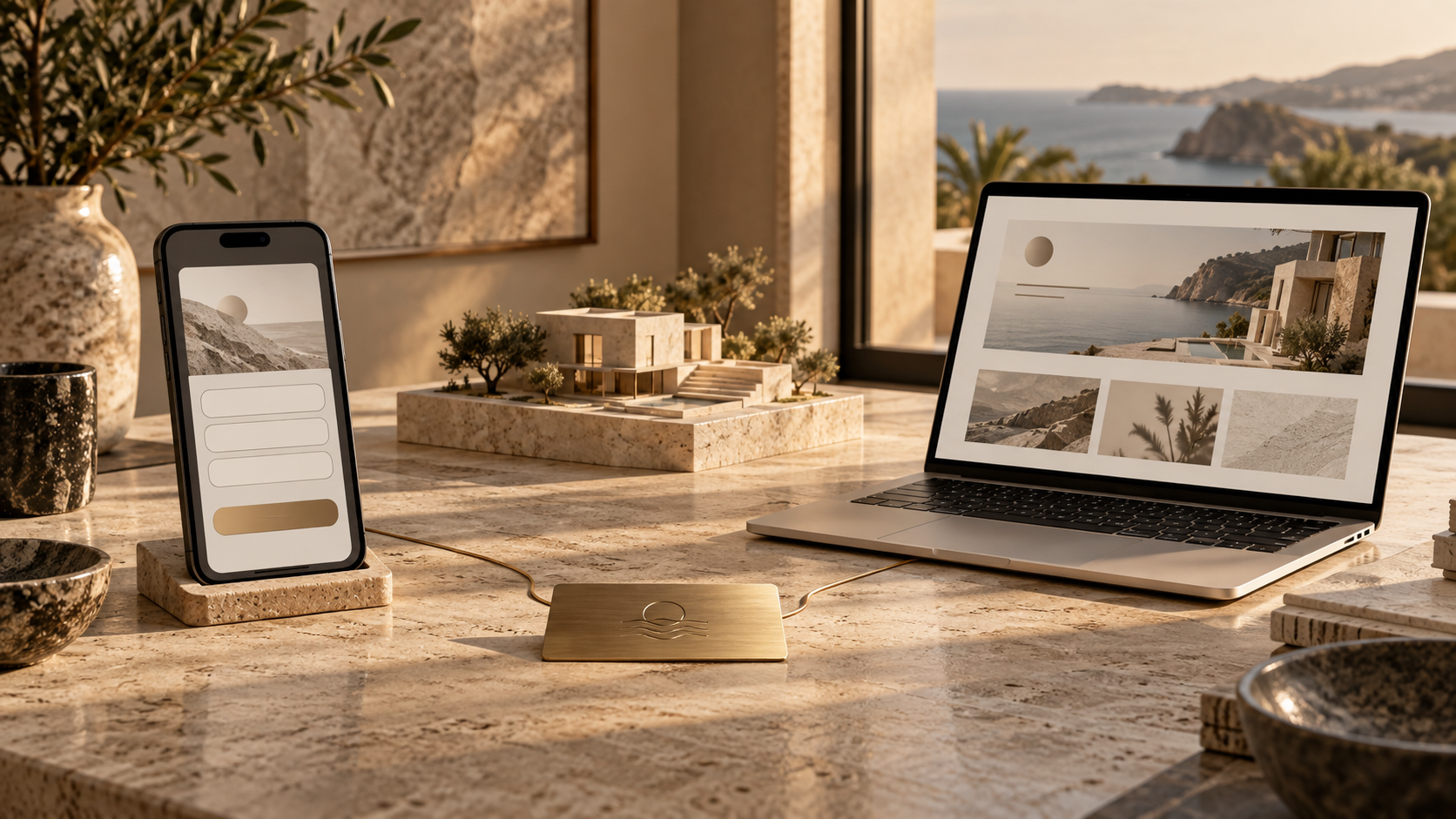 Teléfono y laptop representan dos rutas de captación para una residencia de lujo.