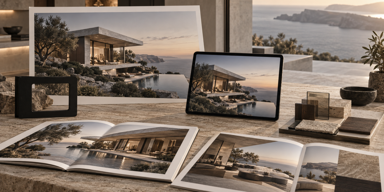 Renders, tableta, brochures y muestras de materiales de una residencia costera sobre una mesa de travertino.