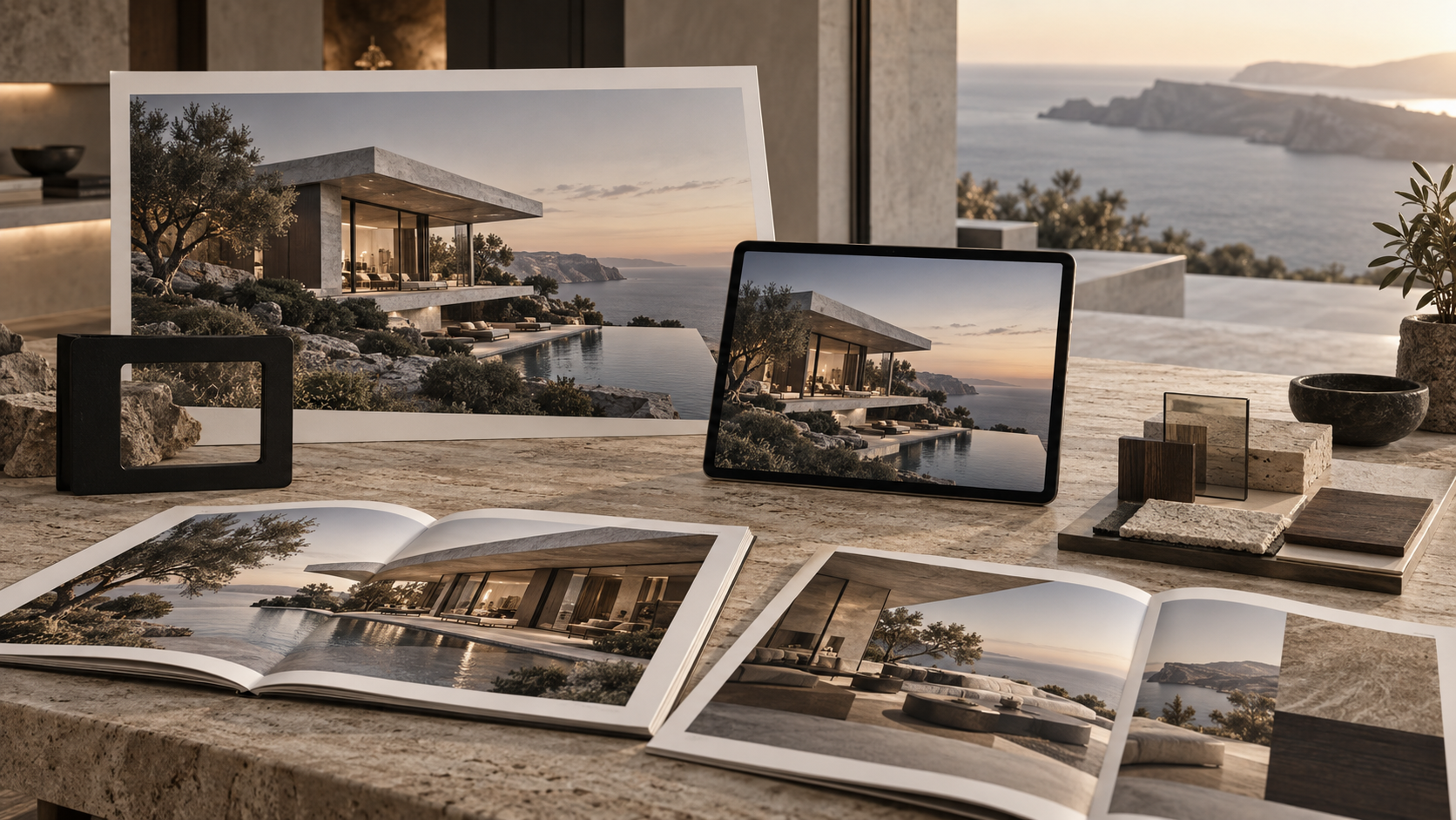 Renders, tableta, brochures y muestras de materiales de una residencia costera sobre una mesa de travertino.