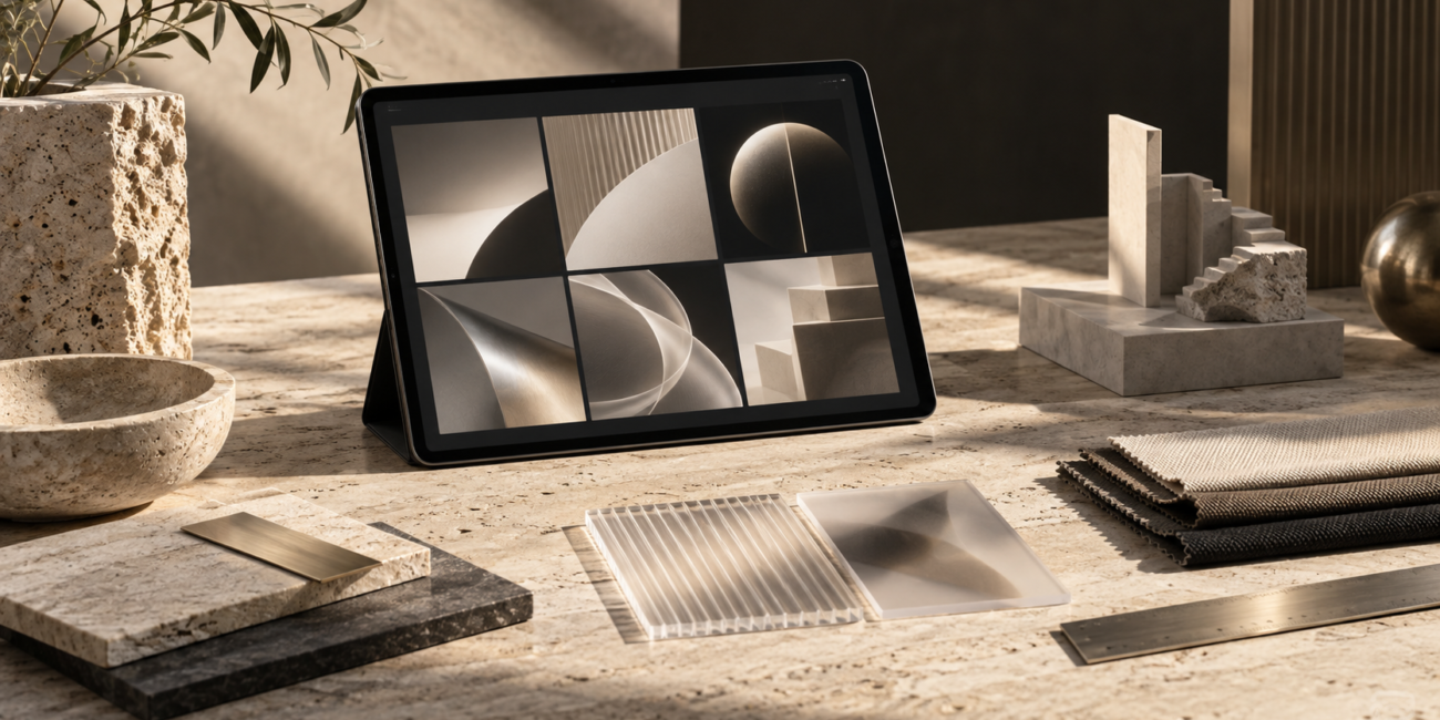 Tableta con una composición visual abstracta y referencias de materiales para un proceso creativo con IA.