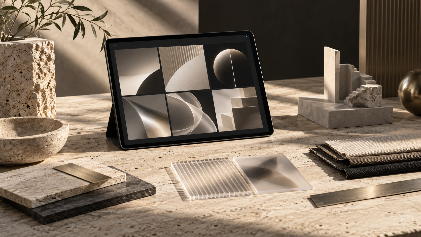 Tableta con una composición visual abstracta y referencias de materiales para un proceso creativo con IA.