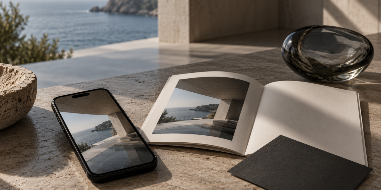 Teléfono y publicación editorial con imágenes de una residencia frente al mar sobre una mesa de piedra.