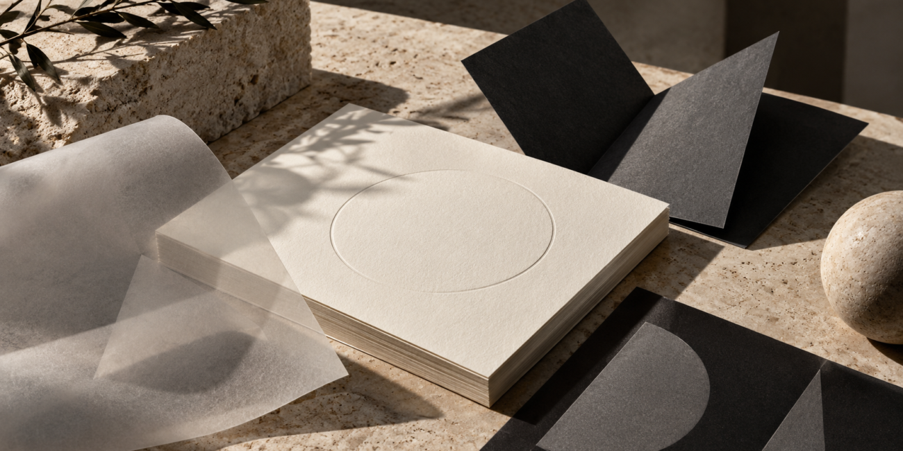 Papelería en tonos marfil y negro, papeles texturizados y relieves sobre una superficie de piedra.