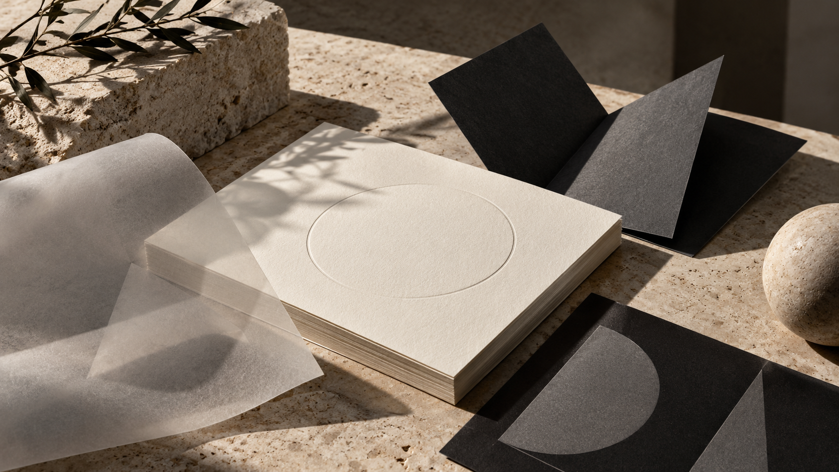 Papelería en tonos marfil y negro, papeles texturizados y relieves sobre una superficie de piedra.